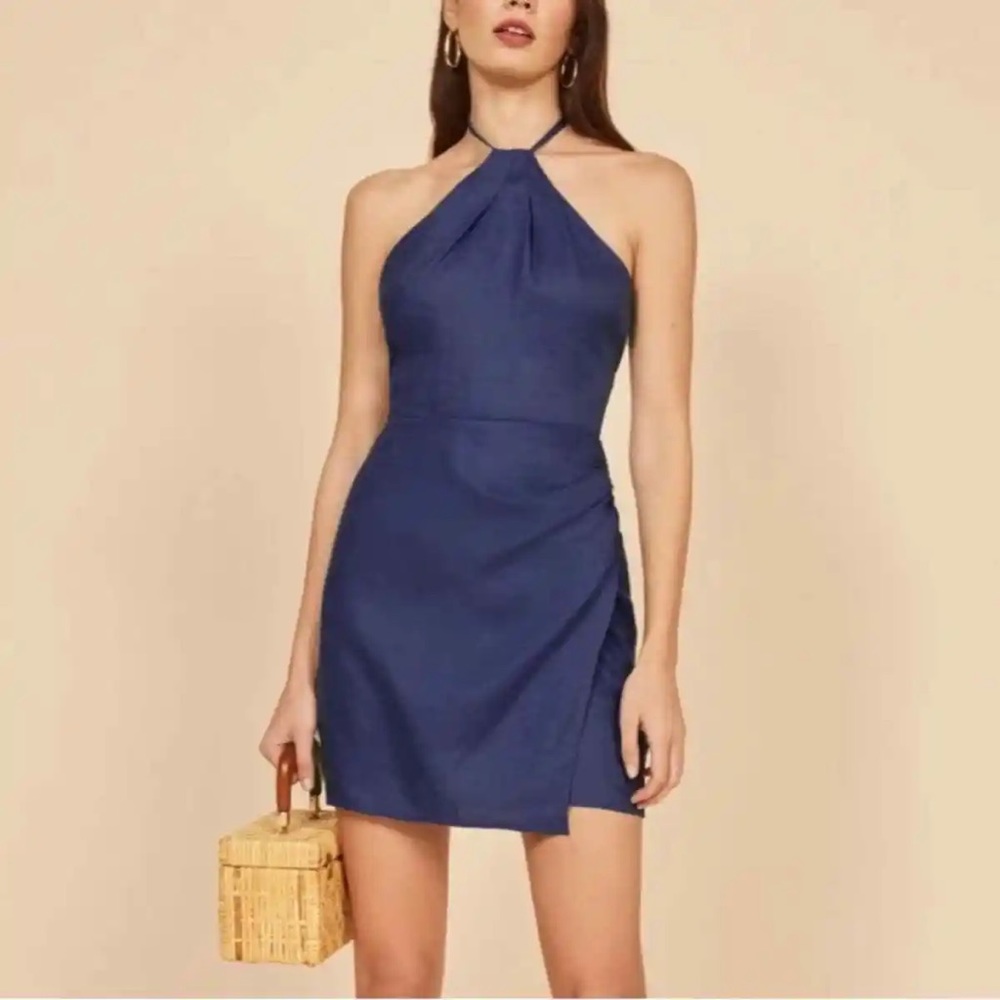 reformation dory linen halterneck dress / size 6 / navy blue